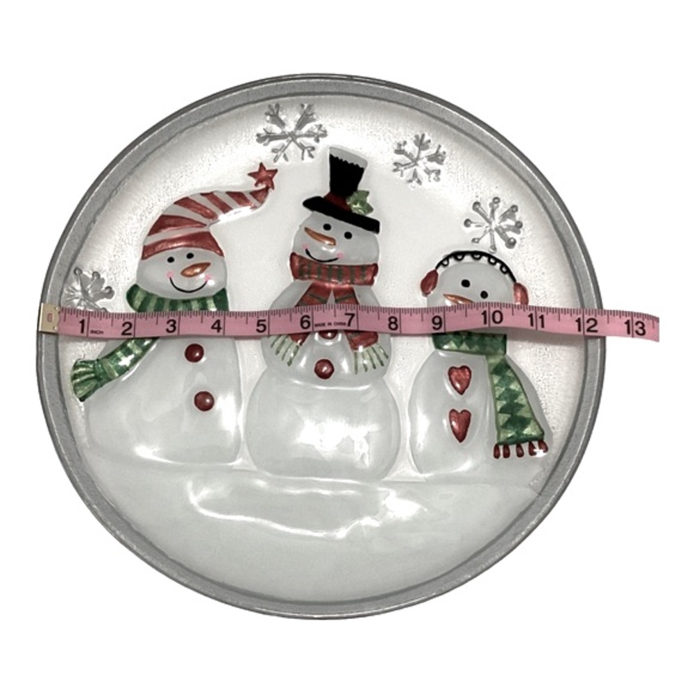 Ganz Fused Glass Round Snowmen Holiday Serving Platter Red Green White Silver - Picture 7 of 7